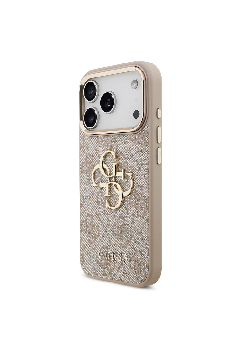 Apple iPhone 17 Pro Kılıf Guess Orijinal Lisanslı Gold Metal Kamera Çerçeveli 4G Desenli Metal Büyük 4G ve Yazı Logolu Kapak