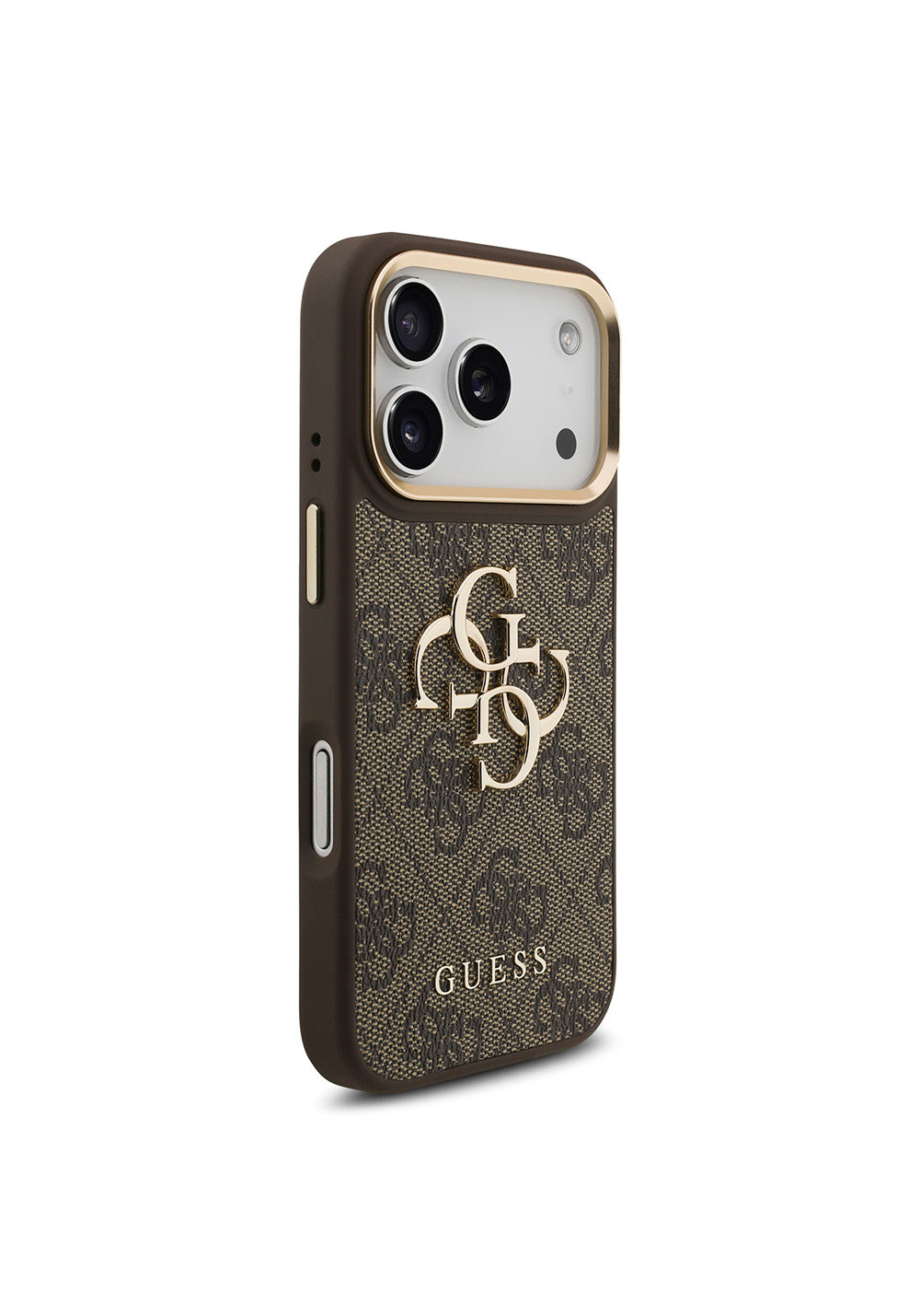 Apple iPhone 17 Pro Kılıf Guess Orijinal Lisanslı Gold Metal Kamera Çerçeveli 4G Desenli Metal Büyük 4G ve Yazı Logolu Kapak