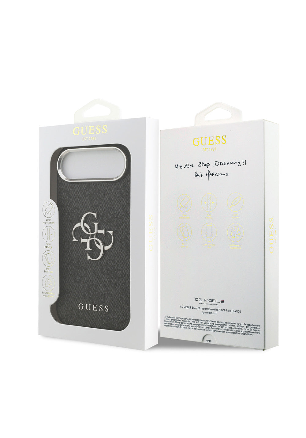 Apple iPhone 17 Air Kılıf Guess Orijinal Lisanslı Gümüş Metal Kamera Çerçeveli 4G Desenli Metal Büyük 4G ve Yazı Logolu Kapak