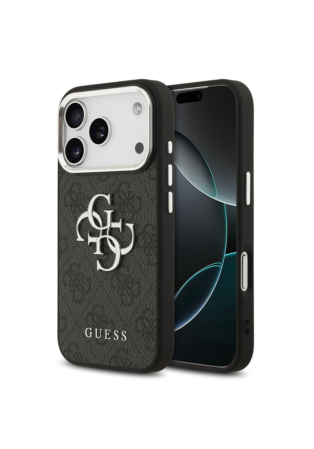 Apple iPhone 17 Pro Kılıf Guess Orijinal Lisanslı Gümüş Metal Kamera Çerçeveli 4G Desenli Metal Büyük 4G ve Yazı Logolu Kapak