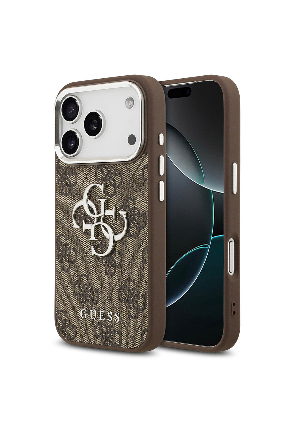 Apple iPhone 17 Pro Kılıf Guess Orijinal Lisanslı Gümüş Metal Kamera Çerçeveli 4G Desenli Metal Büyük 4G ve Yazı Logolu Kapak
