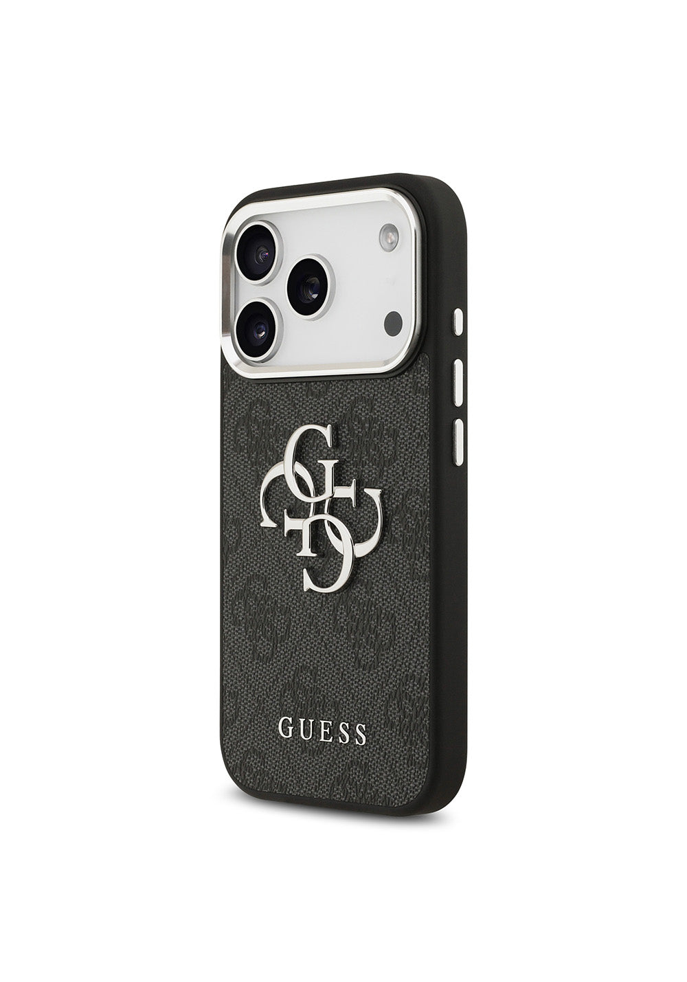 Apple iPhone 17 Pro Kılıf Guess Orijinal Lisanslı Gümüş Metal Kamera Çerçeveli 4G Desenli Metal Büyük 4G ve Yazı Logolu Kapak