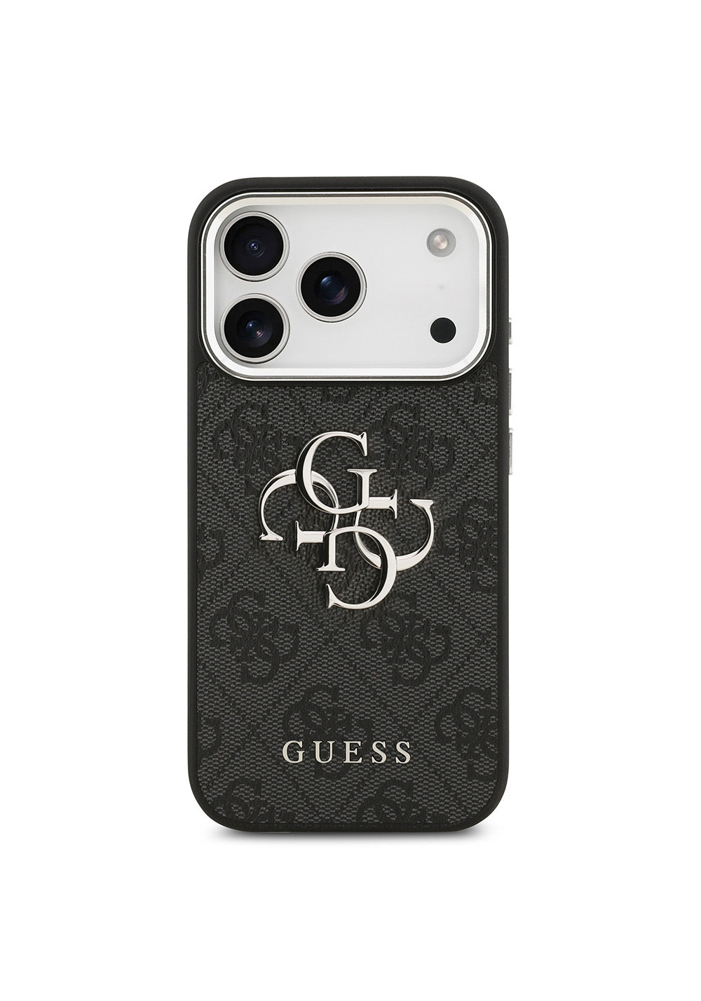 Apple iPhone 17 Pro Kılıf Guess Orijinal Lisanslı Gümüş Metal Kamera Çerçeveli 4G Desenli Metal Büyük 4G ve Yazı Logolu Kapak