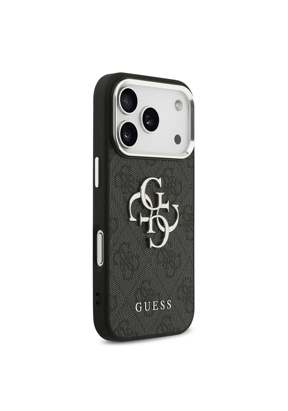 Apple iPhone 17 Pro Kılıf Guess Orijinal Lisanslı Gümüş Metal Kamera Çerçeveli 4G Desenli Metal Büyük 4G ve Yazı Logolu Kapak