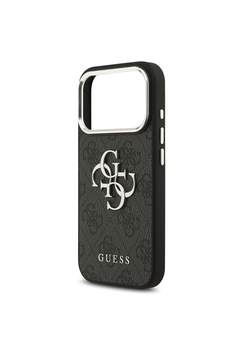 Apple iPhone 17 Pro Kılıf Guess Orijinal Lisanslı Gümüş Metal Kamera Çerçeveli 4G Desenli Metal Büyük 4G ve Yazı Logolu Kapak