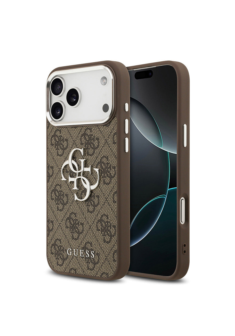 Apple iPhone 17 Pro Max Kılıf Guess Orijinal Lisanslı Gümüş Metal Kamera Çerçeveli 4G Desenli Metal Büyük 4G ve Yazı Logolu Kapak