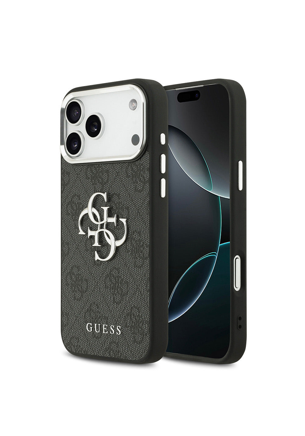 Apple iPhone 17 Pro Max Kılıf Guess Orijinal Lisanslı Gümüş Metal Kamera Çerçeveli 4G Desenli Metal Büyük 4G ve Yazı Logolu Kapak