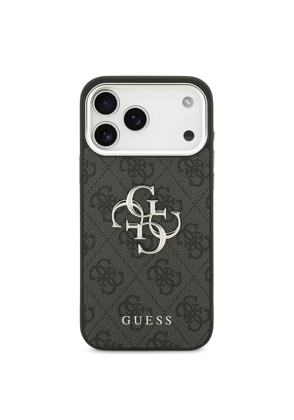 Apple iPhone 17 Pro Max Kılıf Guess Orijinal Lisanslı Gümüş Metal Kamera Çerçeveli 4G Desenli Metal Büyük 4G ve Yazı Logolu Kapak