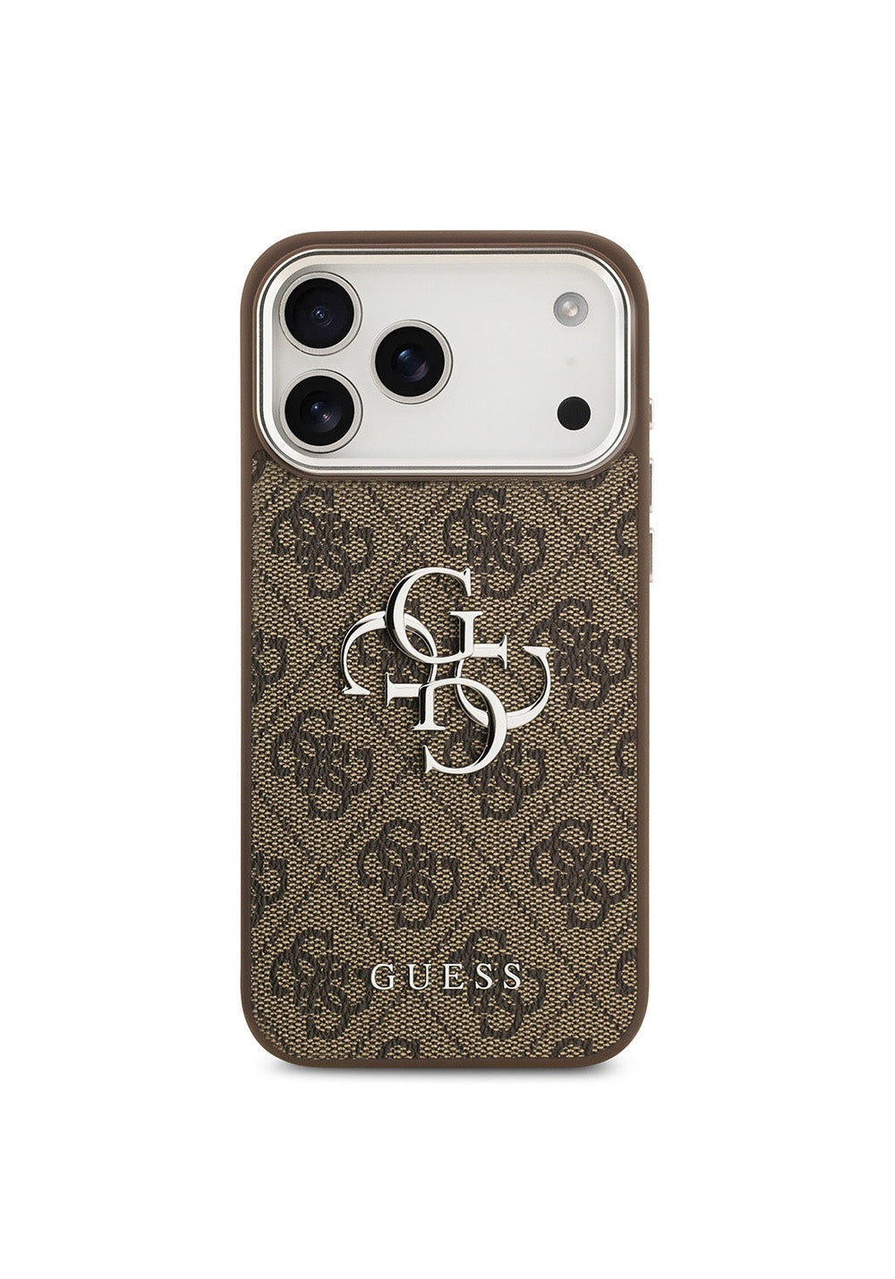 Apple iPhone 17 Pro Max Kılıf Guess Orijinal Lisanslı Gümüş Metal Kamera Çerçeveli 4G Desenli Metal Büyük 4G ve Yazı Logolu Kapak