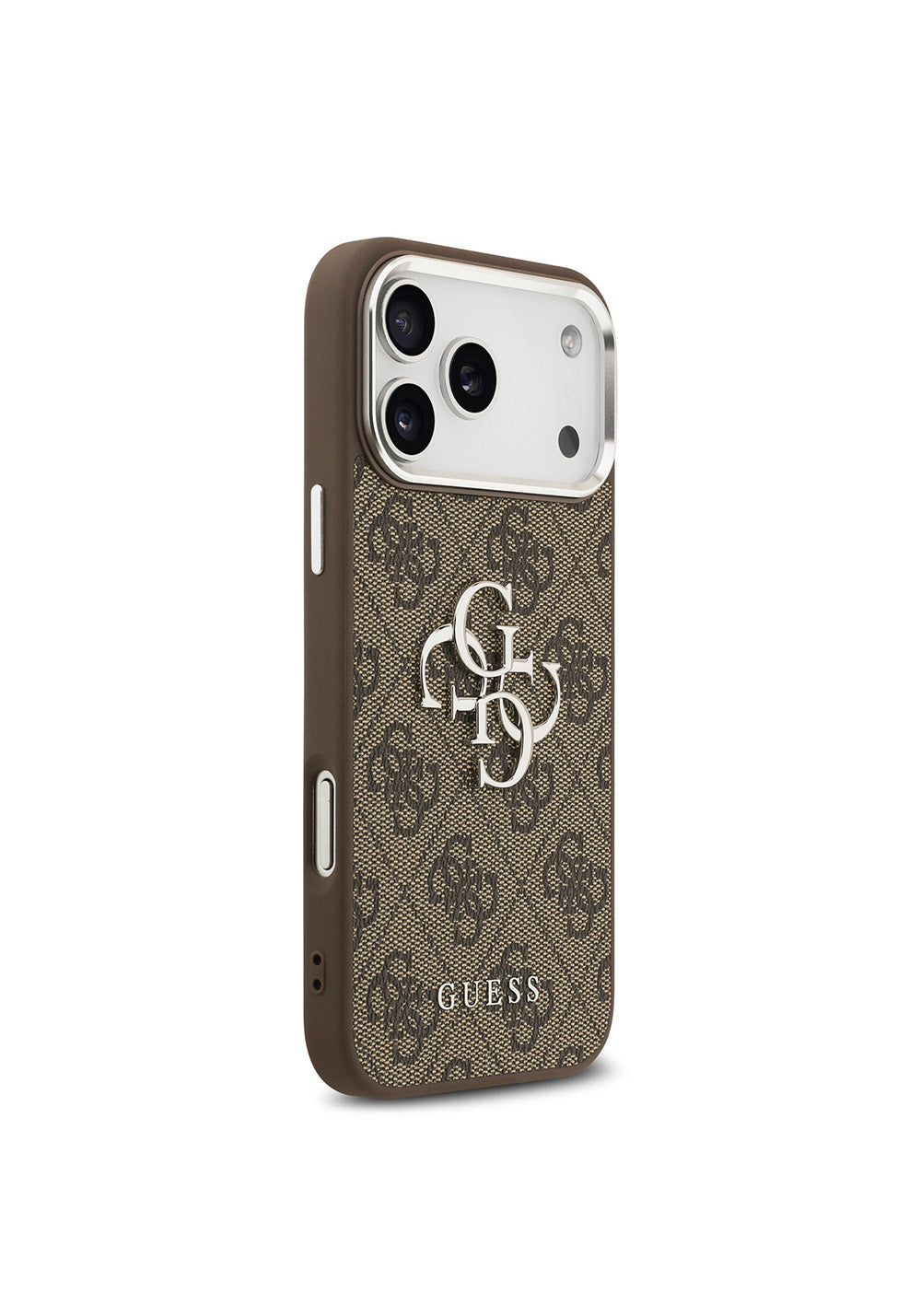 Apple iPhone 17 Pro Max Kılıf Guess Orijinal Lisanslı Gümüş Metal Kamera Çerçeveli 4G Desenli Metal Büyük 4G ve Yazı Logolu Kapak