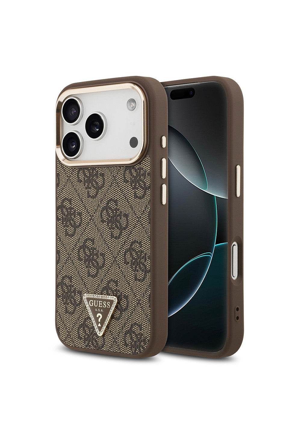 Apple iPhone 17 Pro Kılıf Guess Orijinal Lisanslı Manyetik Şarj Uyumlu Gold Metal Kamera Çerçeveli Taşlı Üçgen Logo 4G Desenli Kapak