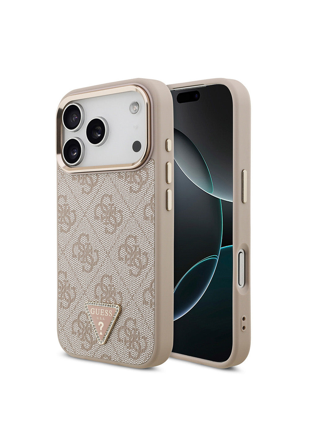Apple iPhone 17 Pro Kılıf Guess Orijinal Lisanslı Manyetik Şarj Uyumlu Gold Metal Kamera Çerçeveli Taşlı Üçgen Logo 4G Desenli Kapak