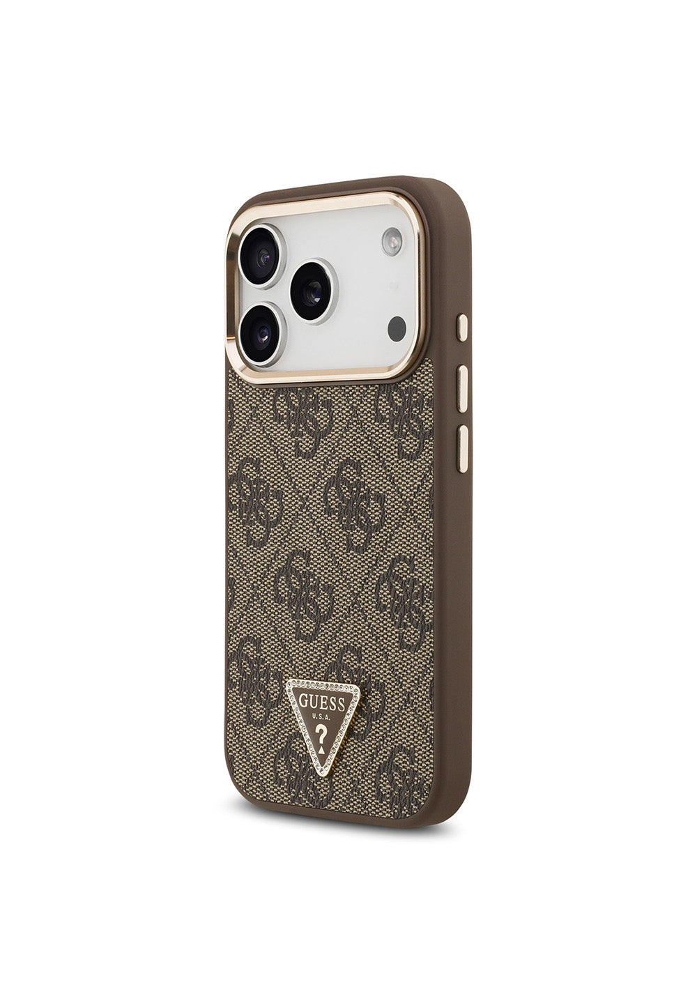 Apple iPhone 17 Pro Kılıf Guess Orijinal Lisanslı Manyetik Şarj Uyumlu Gold Metal Kamera Çerçeveli Taşlı Üçgen Logo 4G Desenli Kapak