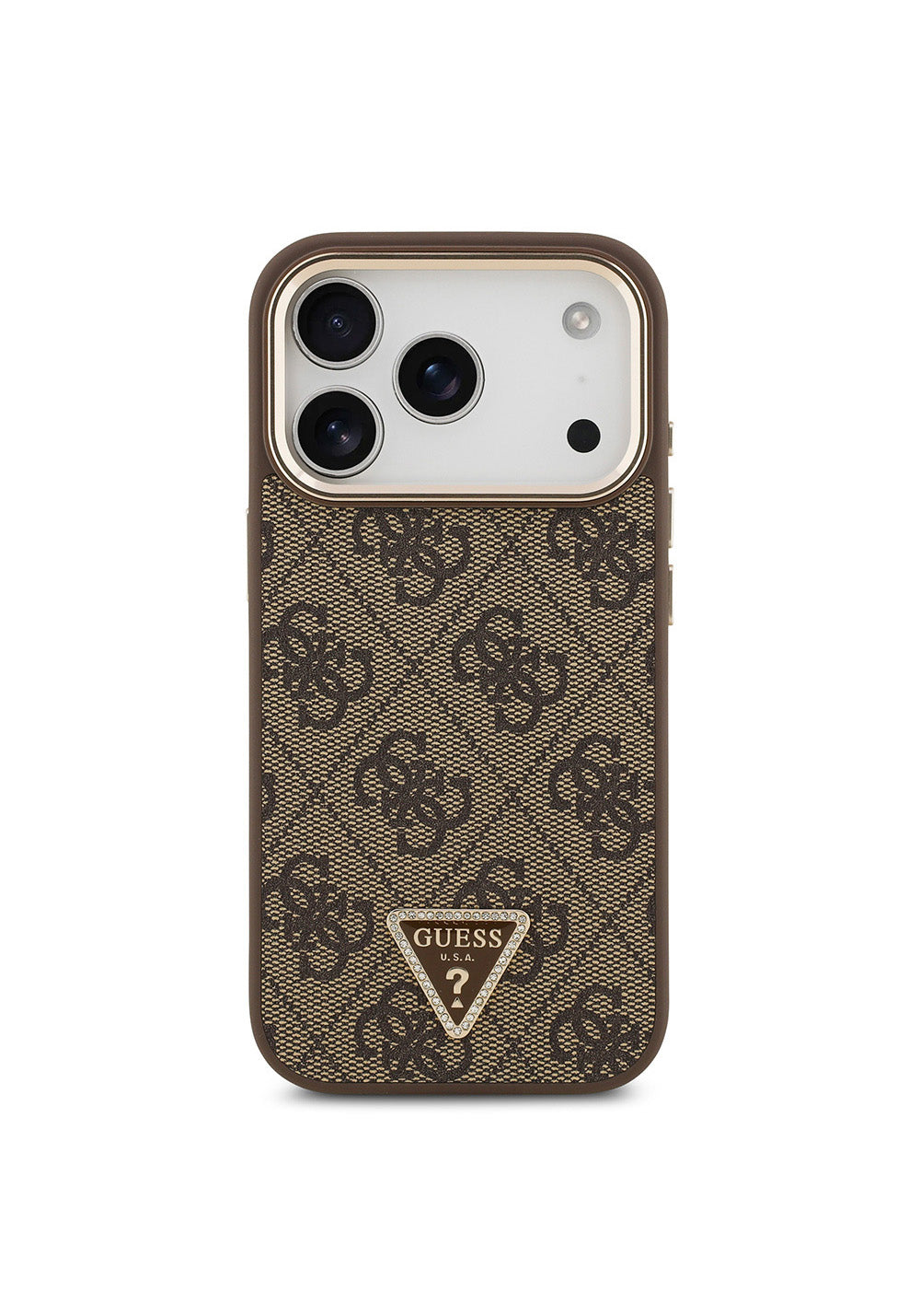 Apple iPhone 17 Pro Kılıf Guess Orijinal Lisanslı Manyetik Şarj Uyumlu Gold Metal Kamera Çerçeveli Taşlı Üçgen Logo 4G Desenli Kapak