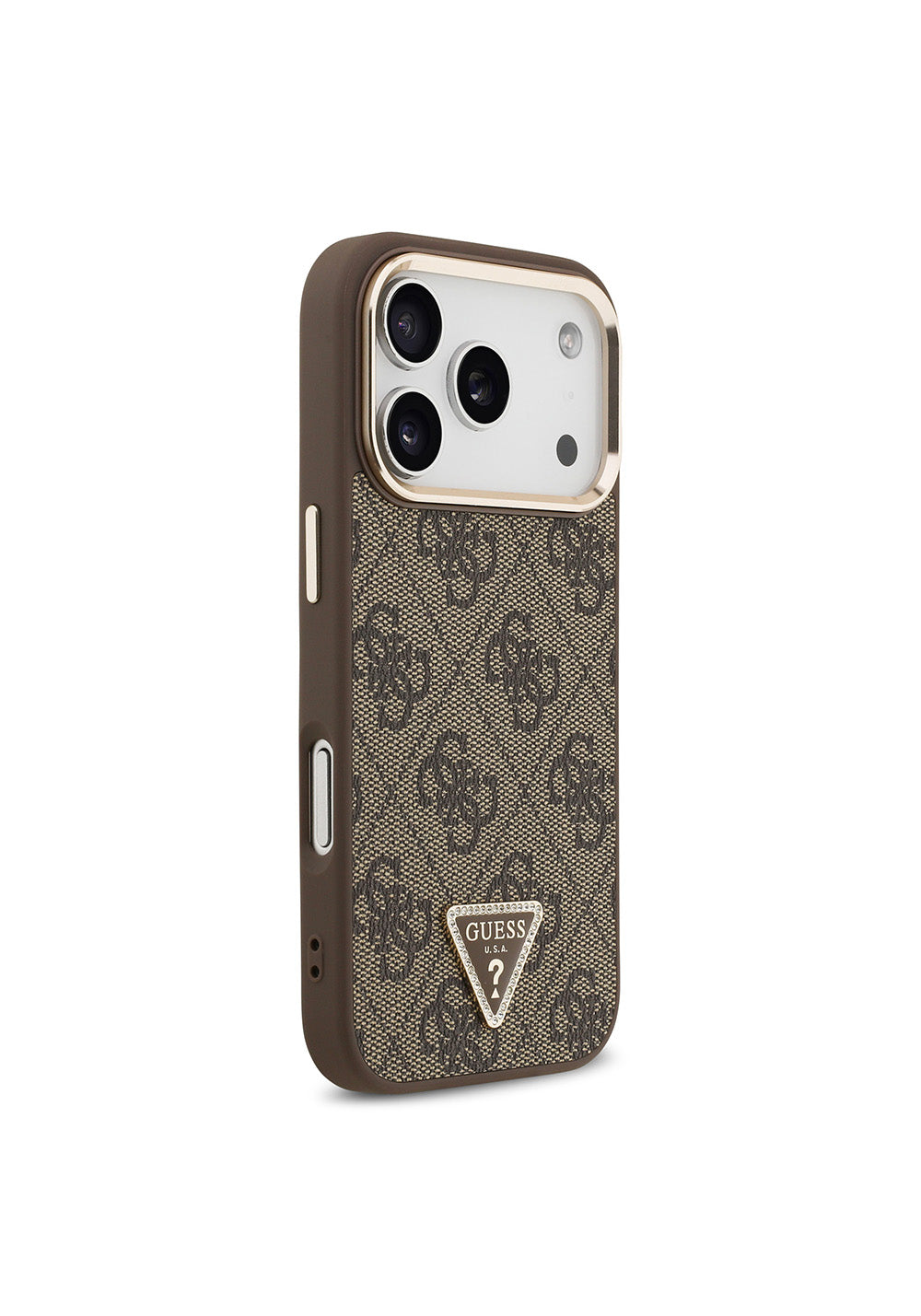 Apple iPhone 17 Pro Kılıf Guess Orijinal Lisanslı Manyetik Şarj Uyumlu Gold Metal Kamera Çerçeveli Taşlı Üçgen Logo 4G Desenli Kapak