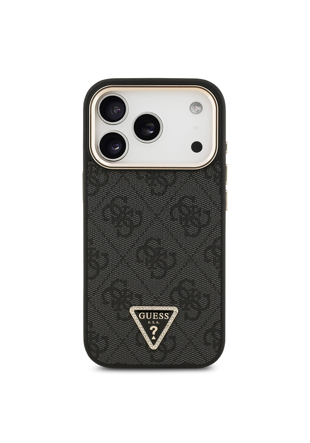 Apple iPhone 17 Pro Kılıf Guess Orijinal Lisanslı Manyetik Şarj Uyumlu Gold Metal Kamera Çerçeveli Taşlı Üçgen Logo 4G Desenli Kapak