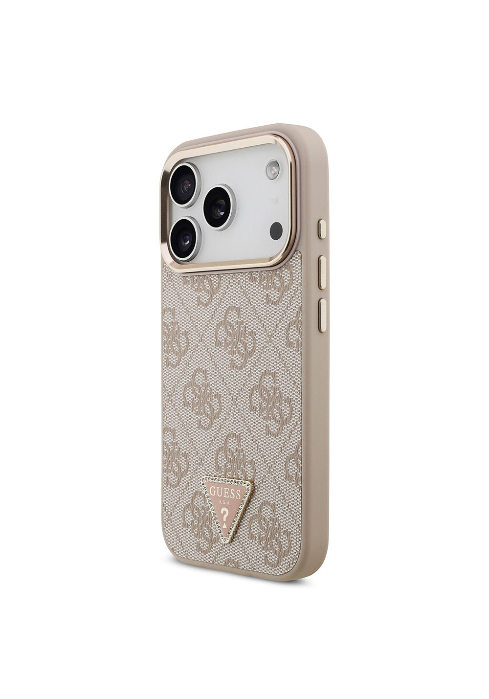 Apple iPhone 17 Pro Kılıf Guess Orijinal Lisanslı Manyetik Şarj Uyumlu Gold Metal Kamera Çerçeveli Taşlı Üçgen Logo 4G Desenli Kapak