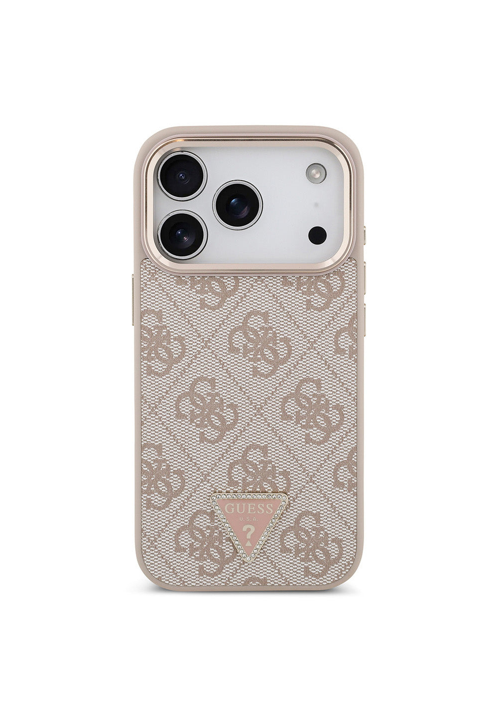 Apple iPhone 17 Pro Kılıf Guess Orijinal Lisanslı Manyetik Şarj Uyumlu Gold Metal Kamera Çerçeveli Taşlı Üçgen Logo 4G Desenli Kapak