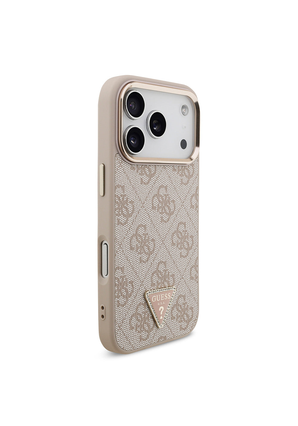 Apple iPhone 17 Pro Kılıf Guess Orijinal Lisanslı Manyetik Şarj Uyumlu Gold Metal Kamera Çerçeveli Taşlı Üçgen Logo 4G Desenli Kapak