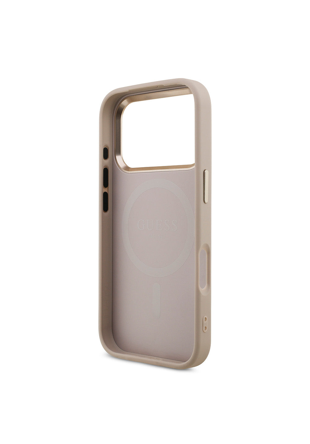 Apple iPhone 17 Pro Kılıf Guess Orijinal Lisanslı Manyetik Şarj Uyumlu Gold Metal Kamera Çerçeveli Taşlı Üçgen Logo 4G Desenli Kapak