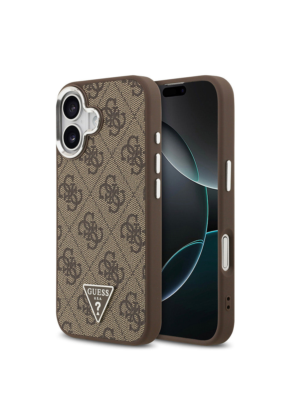 Apple iPhone 17 Kılıf Guess Orijinal Lisanslı Manyetik Şarj Uyumlu Gümüş Metal Kamera Çerçeveli Üçgen Logo 4G Desenli Kapak