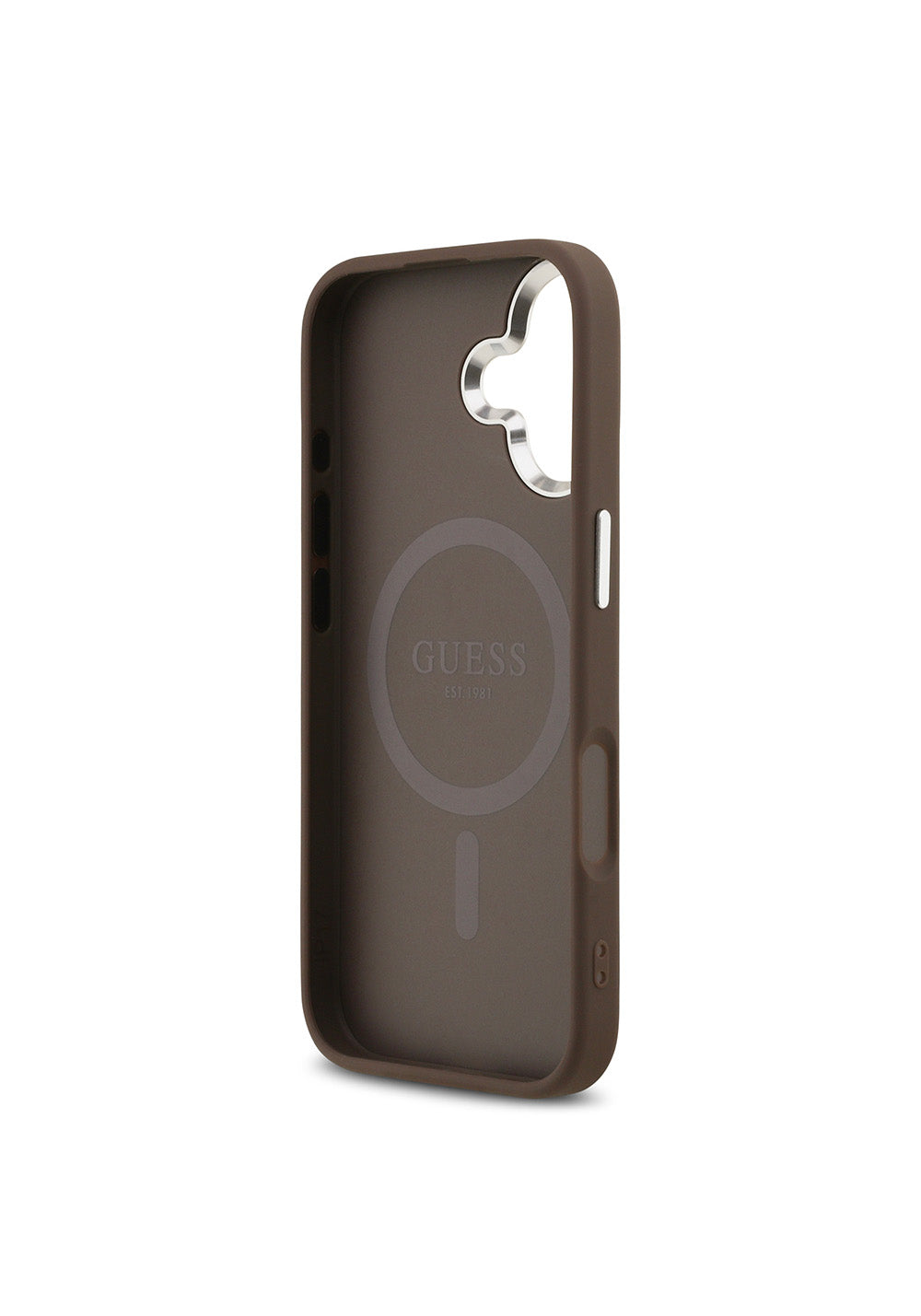 Apple iPhone 17 Kılıf Guess Orijinal Lisanslı Manyetik Şarj Uyumlu Gümüş Metal Kamera Çerçeveli Üçgen Logo 4G Desenli Kapak