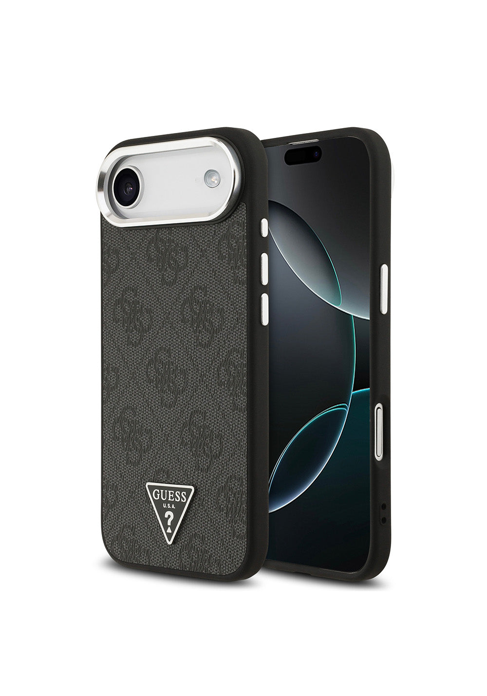 Apple iPhone 17 Air Kılıf Guess Orijinal Lisanslı Manyetik Şarj Uyumlu Gümüş Metal Kamera Çerçeveli Üçgen Logo 4G Desenli Kapak