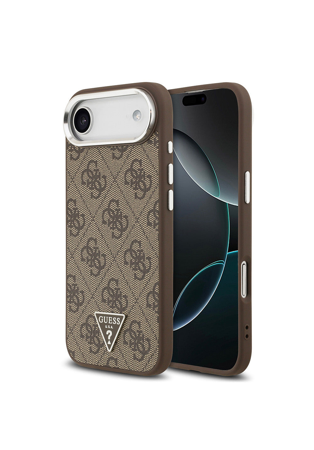 Apple iPhone 17 Air Kılıf Guess Orijinal Lisanslı Manyetik Şarj Uyumlu Gümüş Metal Kamera Çerçeveli Üçgen Logo 4G Desenli Kapak