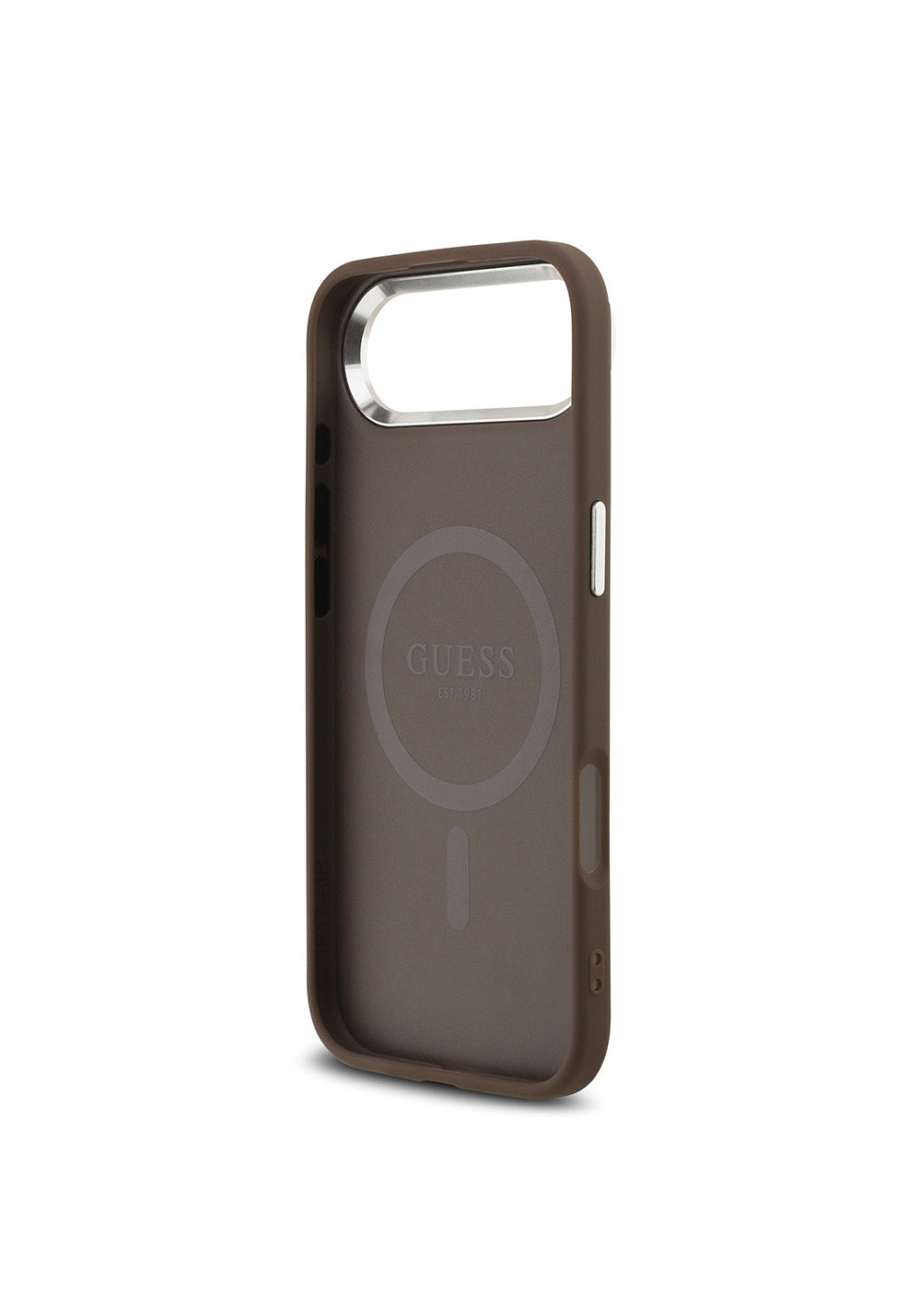 Apple iPhone 17 Air Kılıf Guess Orijinal Lisanslı Manyetik Şarj Uyumlu Gümüş Metal Kamera Çerçeveli Üçgen Logo 4G Desenli Kapak