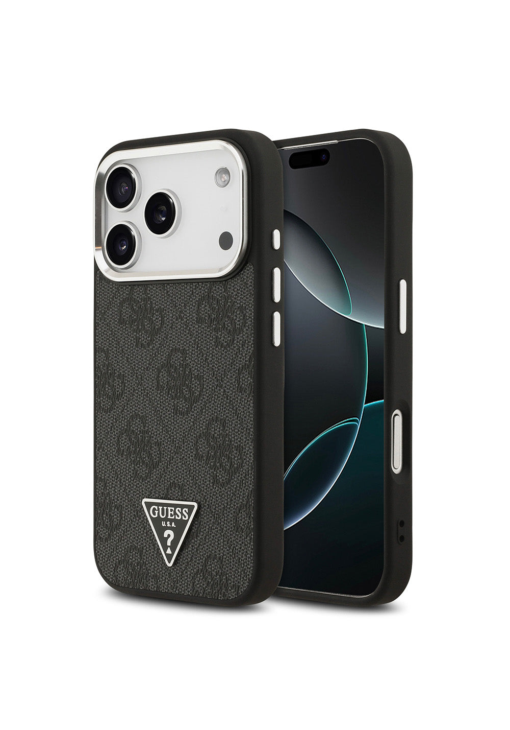 Apple iPhone 17 Pro Kılıf Guess Orijinal Lisanslı Manyetik Şarj Uyumlu Gümüş Metal Kamera Çerçeveli Üçgen Logo 4G Desenli Kapak