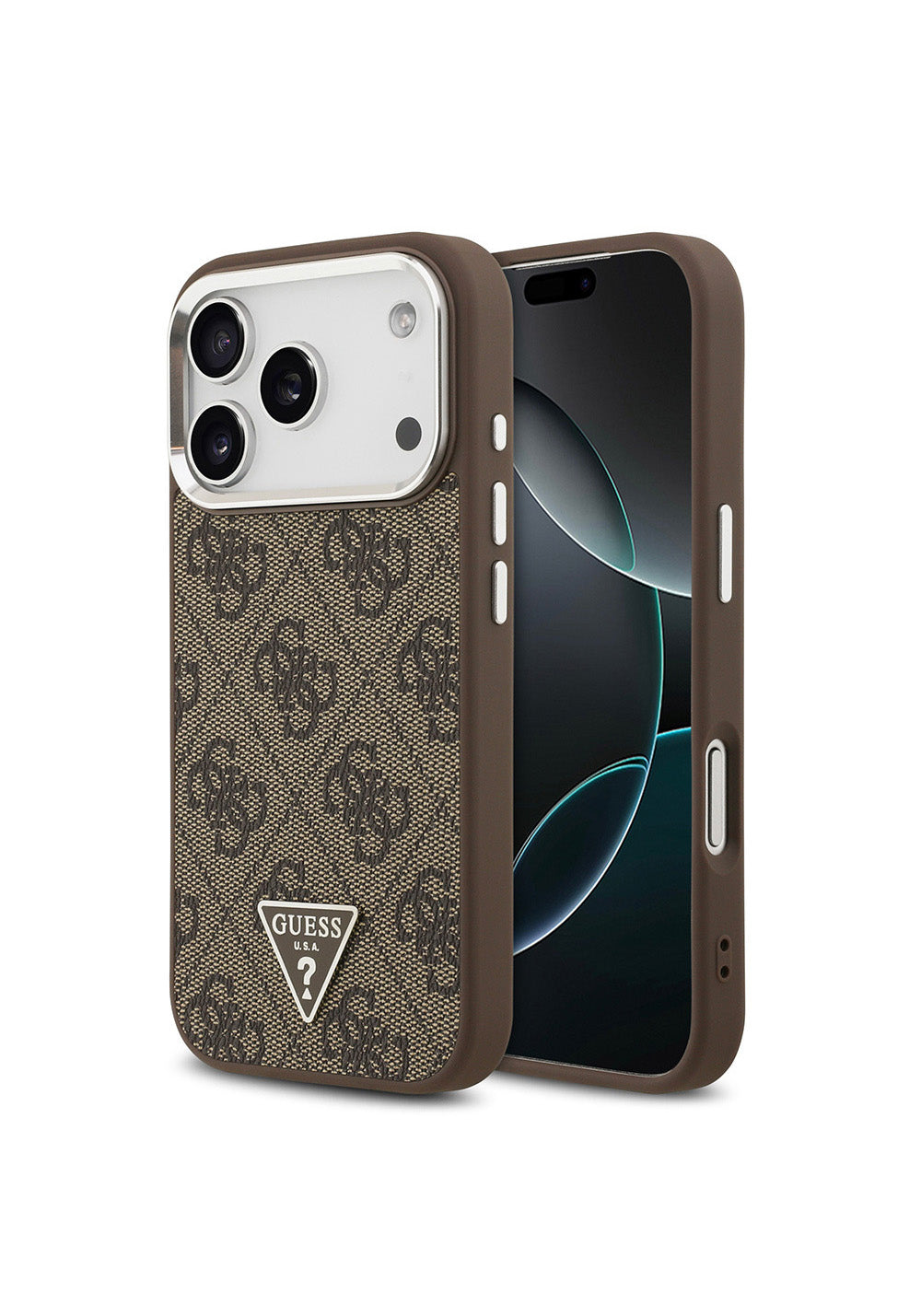 Apple iPhone 17 Pro Kılıf Guess Orijinal Lisanslı Manyetik Şarj Uyumlu Gümüş Metal Kamera Çerçeveli Üçgen Logo 4G Desenli Kapak