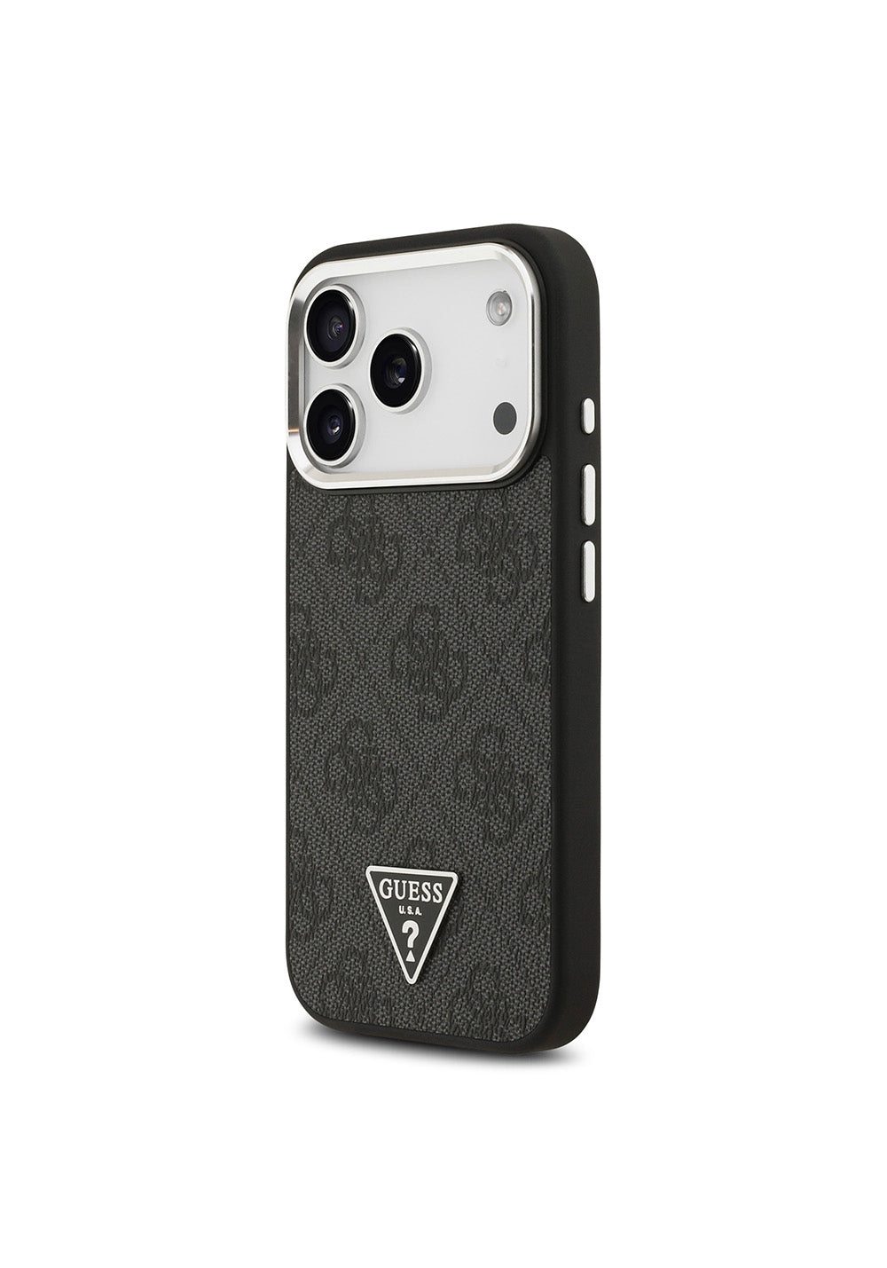 Apple iPhone 17 Pro Kılıf Guess Orijinal Lisanslı Manyetik Şarj Uyumlu Gümüş Metal Kamera Çerçeveli Üçgen Logo 4G Desenli Kapak