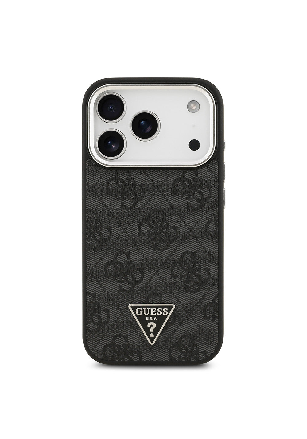 Apple iPhone 17 Pro Kılıf Guess Orijinal Lisanslı Manyetik Şarj Uyumlu Gümüş Metal Kamera Çerçeveli Üçgen Logo 4G Desenli Kapak