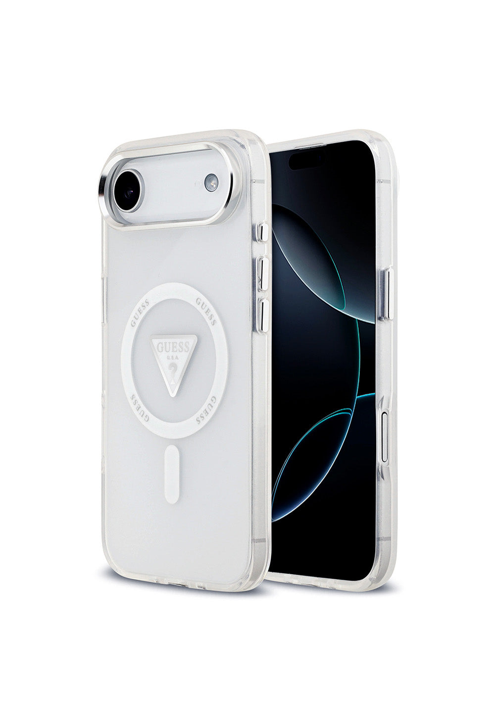 Apple iPhone 17 Air Kılıf Guess Orijinal Lisanslı Manyetik Şarj Uyumlu IML Baskılı Üçgen Logolu Metal Kamera Çerçeveli Kapak