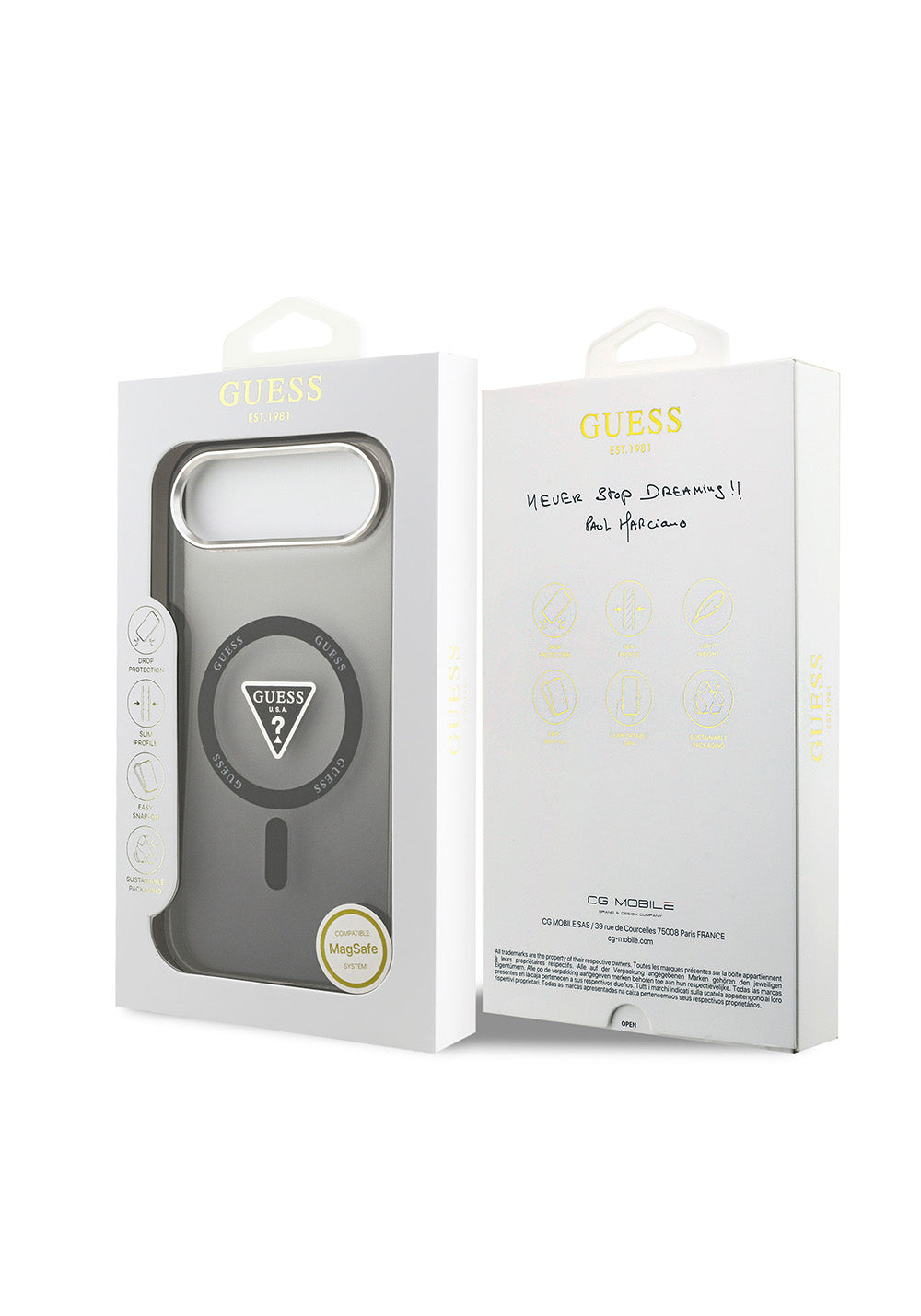Apple iPhone 17 Air Kılıf Guess Orijinal Lisanslı Manyetik Şarj Uyumlu IML Baskılı Üçgen Logolu Metal Kamera Çerçeveli Kapak
