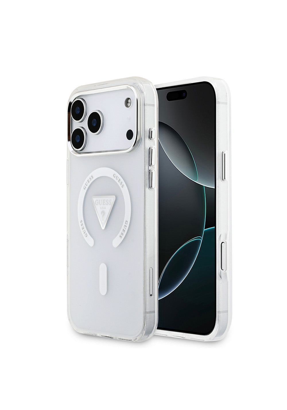 Apple iPhone 17 Pro Max Kılıf Guess Orijinal Lisanslı Manyetik Şarj Uyumlu IML Baskılı Üçgen Logolu Metal Kamera Çerçeveli Kapak