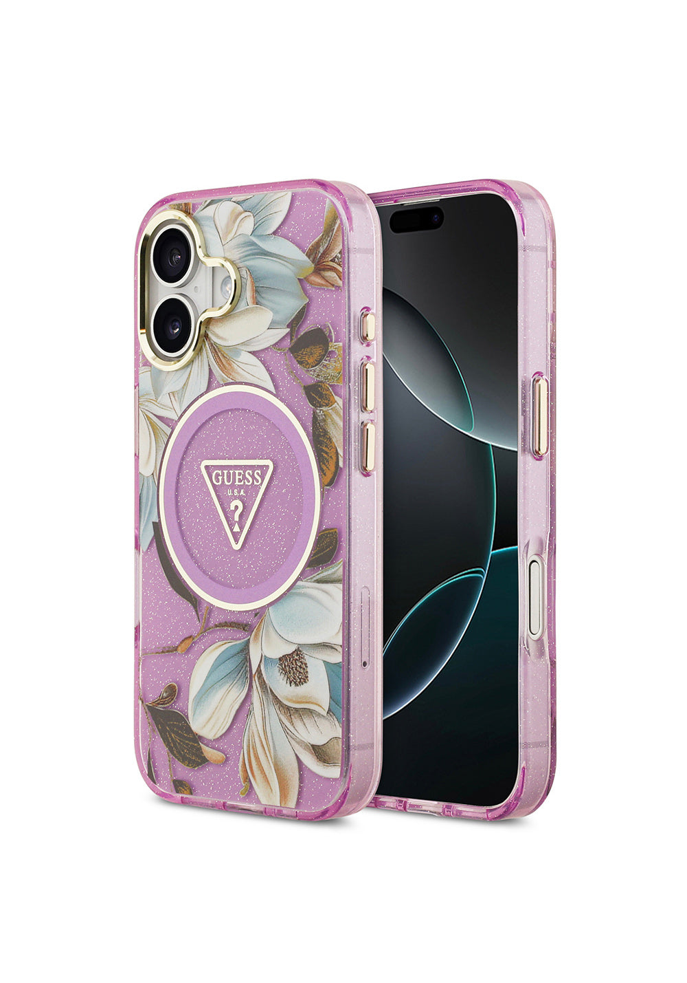 Apple iPhone 17 Kılıf Guess Orijinal Lisanslı Manyetik Şarj Uyumlu Simli Çiçek Desenli Metal Kamera Çerçeveli Üçgen Logolu Kapak