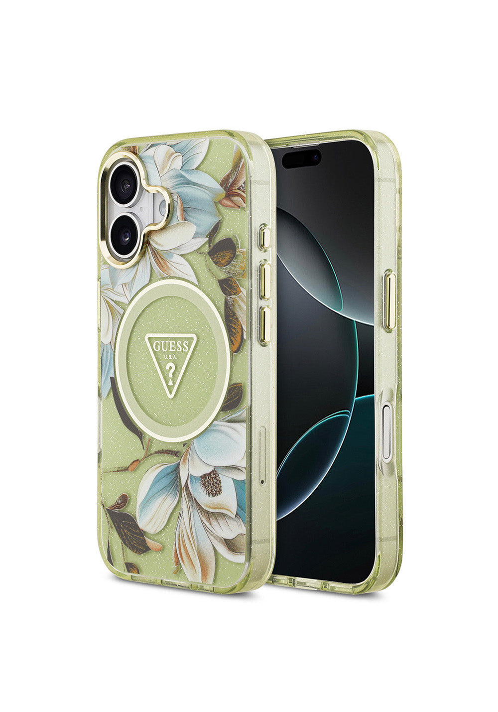 Apple iPhone 17 Kılıf Guess Orijinal Lisanslı Manyetik Şarj Uyumlu Simli Çiçek Desenli Metal Kamera Çerçeveli Üçgen Logolu Kapak