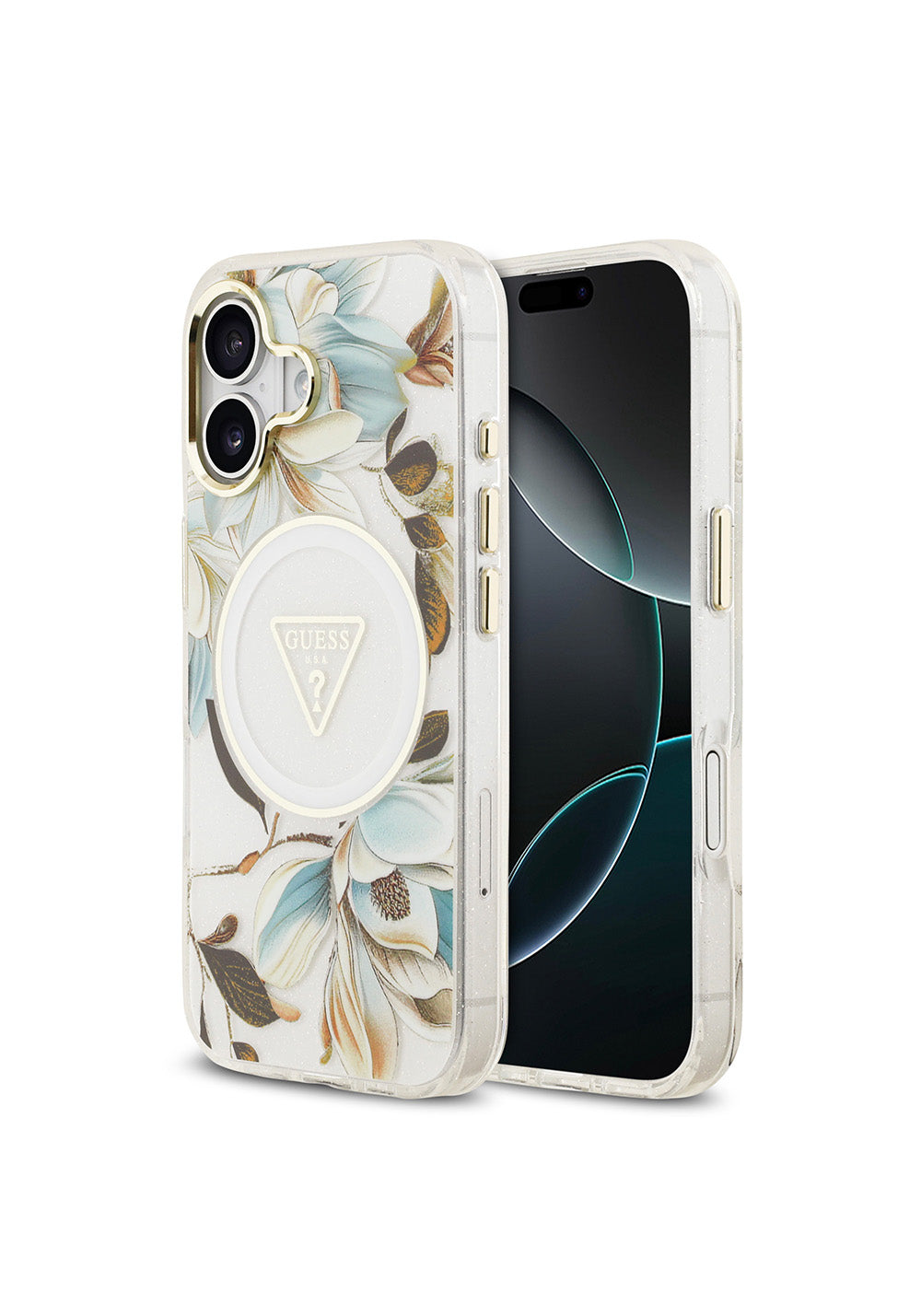 Apple iPhone 17 Kılıf Guess Orijinal Lisanslı Manyetik Şarj Uyumlu Simli Çiçek Desenli Metal Kamera Çerçeveli Üçgen Logolu Kapak