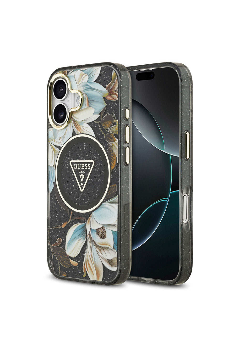 Apple iPhone 17 Kılıf Guess Orijinal Lisanslı Manyetik Şarj Uyumlu Simli Çiçek Desenli Metal Kamera Çerçeveli Üçgen Logolu Kapak