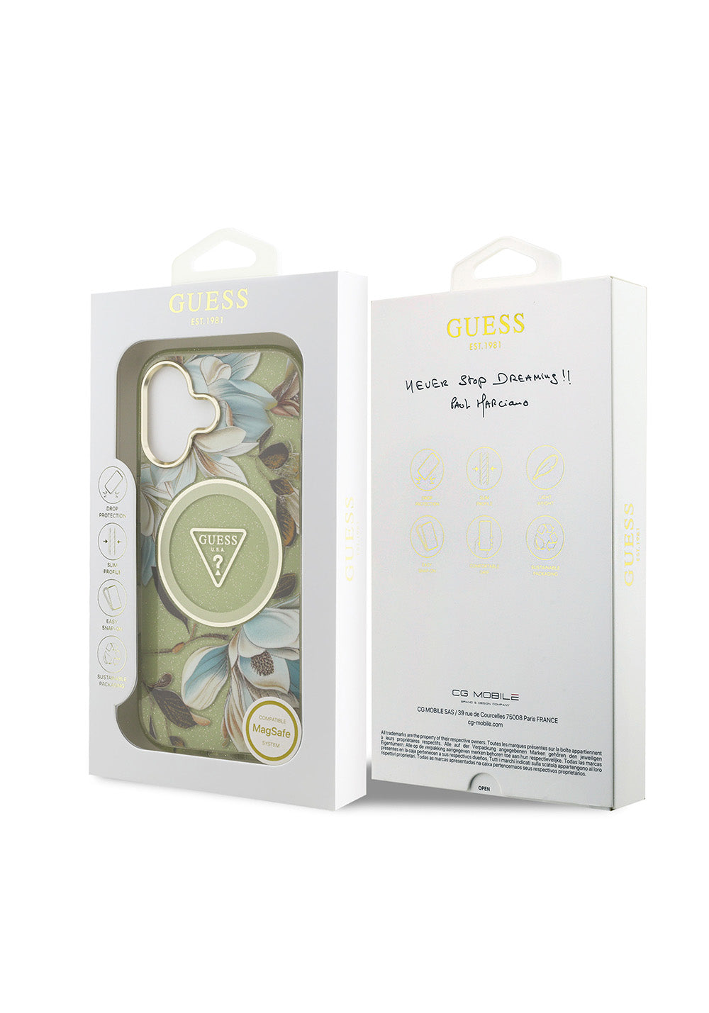Apple iPhone 17 Kılıf Guess Orijinal Lisanslı Manyetik Şarj Uyumlu Simli Çiçek Desenli Metal Kamera Çerçeveli Üçgen Logolu Kapak