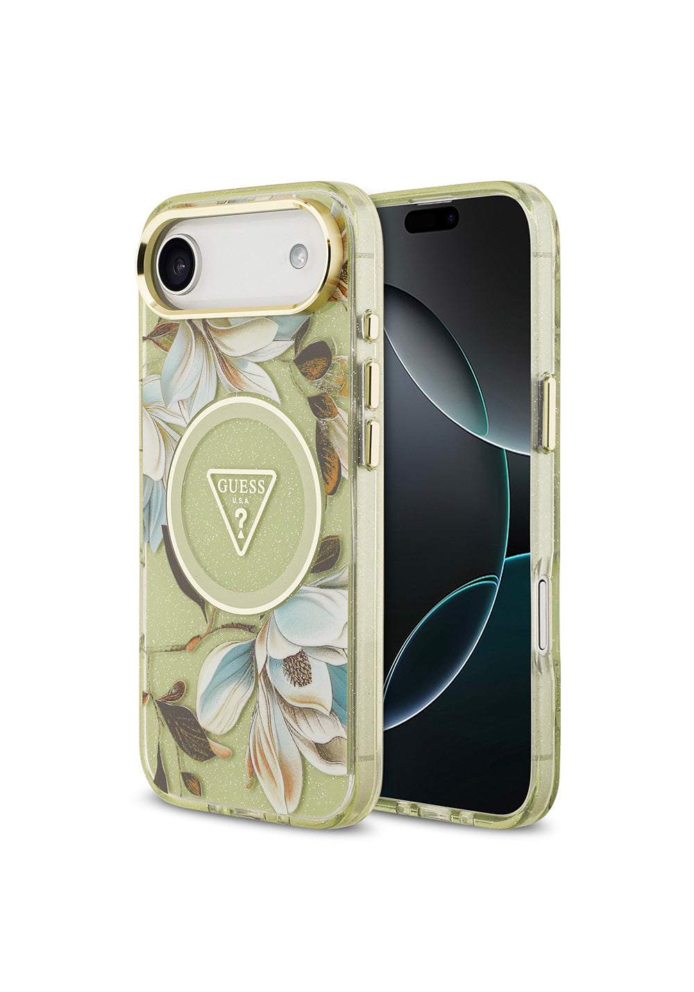Apple iPhone 17 Air Kılıf Guess Orijinal Lisanslı Manyetik Şarj Uyumlu Simli Çiçek Desenli Metal Kamera Çerçeveli Üçgen Logolu Kapak