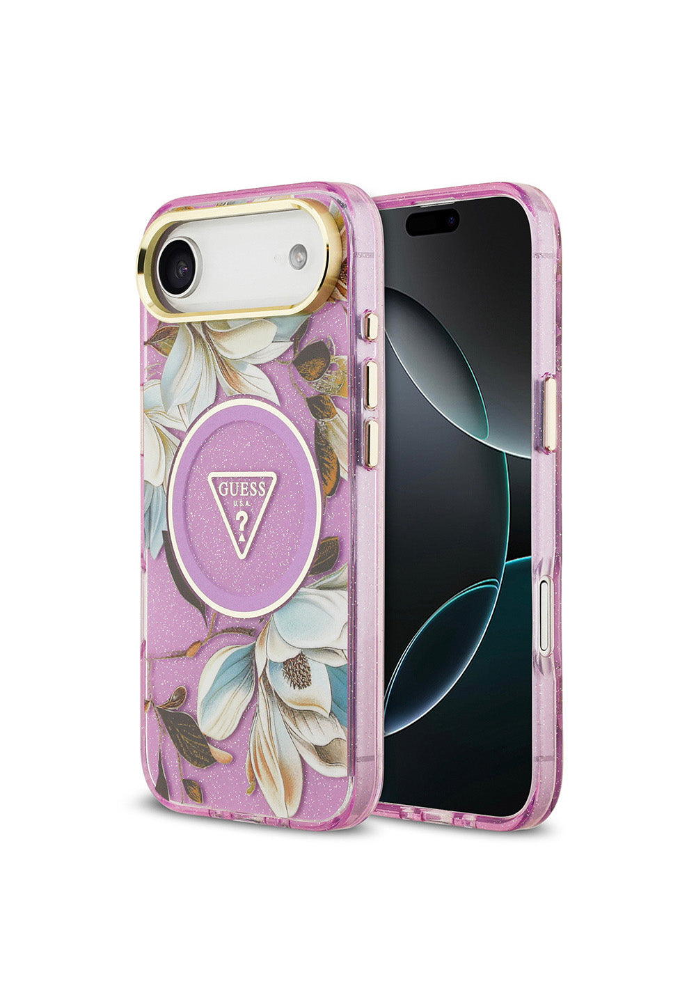 Apple iPhone 17 Air Kılıf Guess Orijinal Lisanslı Manyetik Şarj Uyumlu Simli Çiçek Desenli Metal Kamera Çerçeveli Üçgen Logolu Kapak