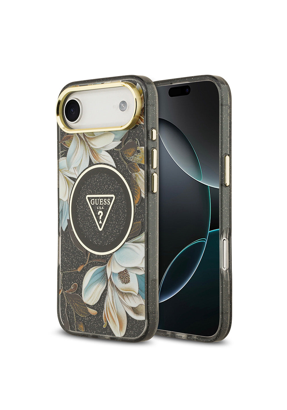 Apple iPhone 17 Air Kılıf Guess Orijinal Lisanslı Manyetik Şarj Uyumlu Simli Çiçek Desenli Metal Kamera Çerçeveli Üçgen Logolu Kapak