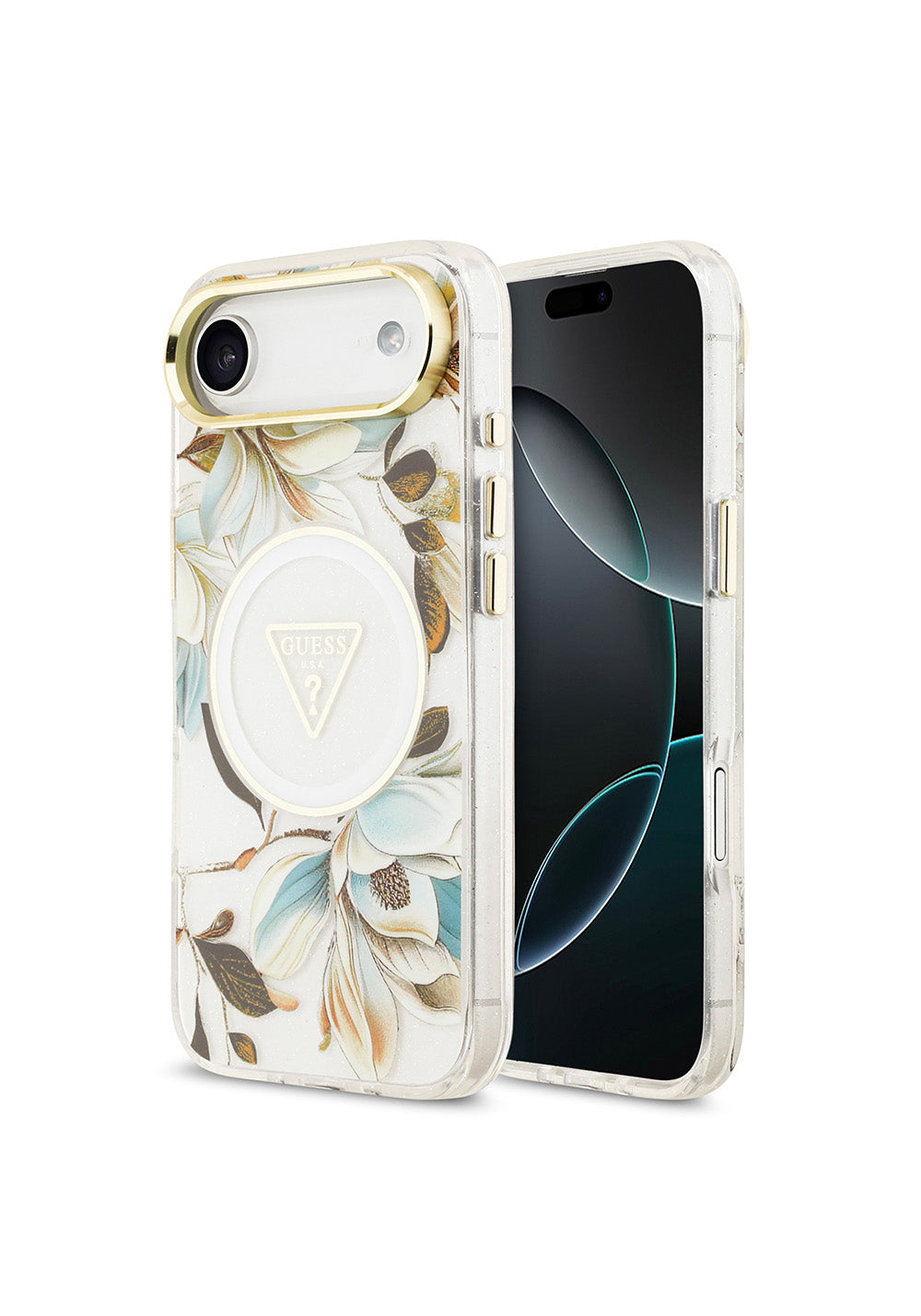 Apple iPhone 17 Air Kılıf Guess Orijinal Lisanslı Manyetik Şarj Uyumlu Simli Çiçek Desenli Metal Kamera Çerçeveli Üçgen Logolu Kapak
