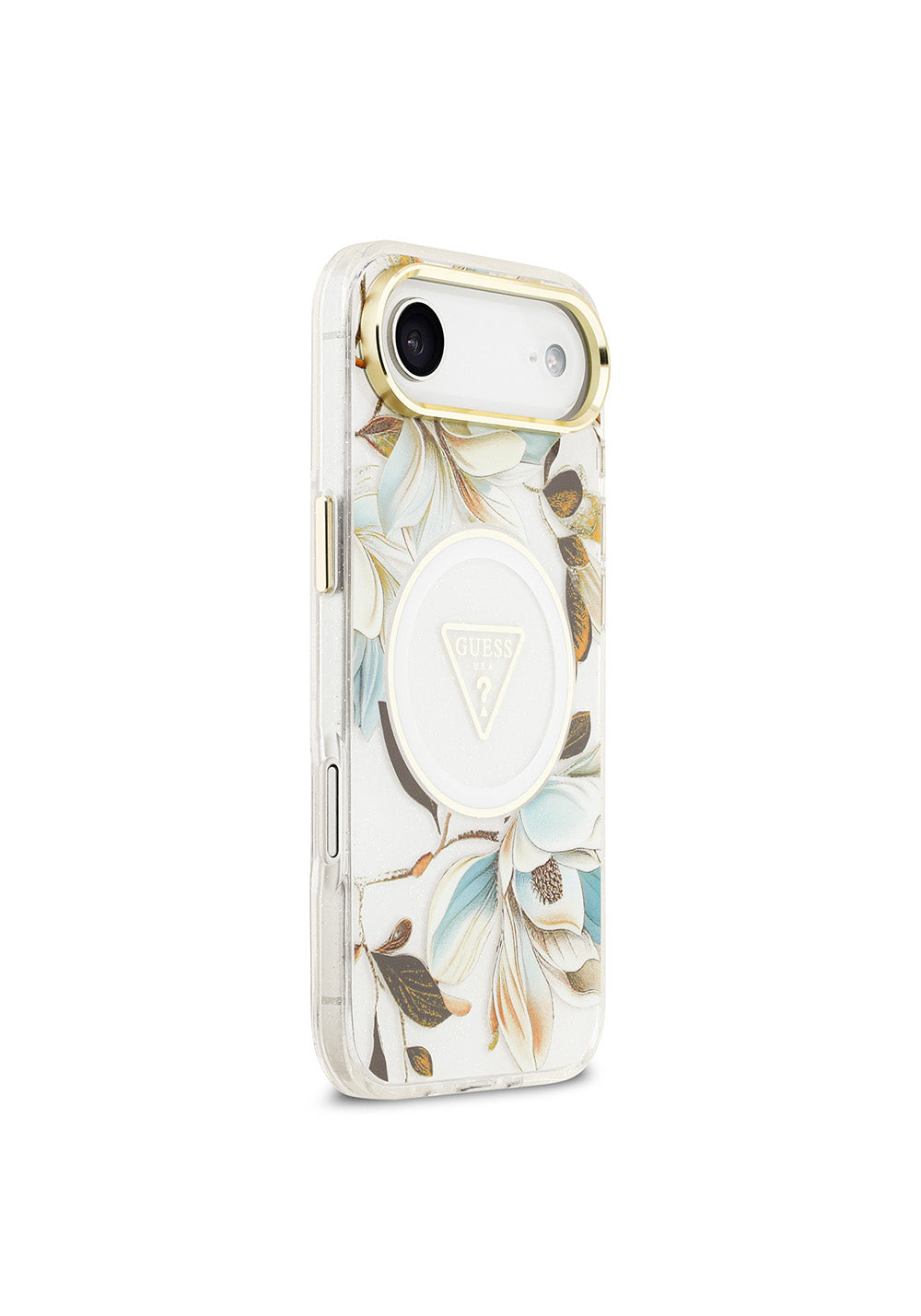 Apple iPhone 17 Air Kılıf Guess Orijinal Lisanslı Manyetik Şarj Uyumlu Simli Çiçek Desenli Metal Kamera Çerçeveli Üçgen Logolu Kapak