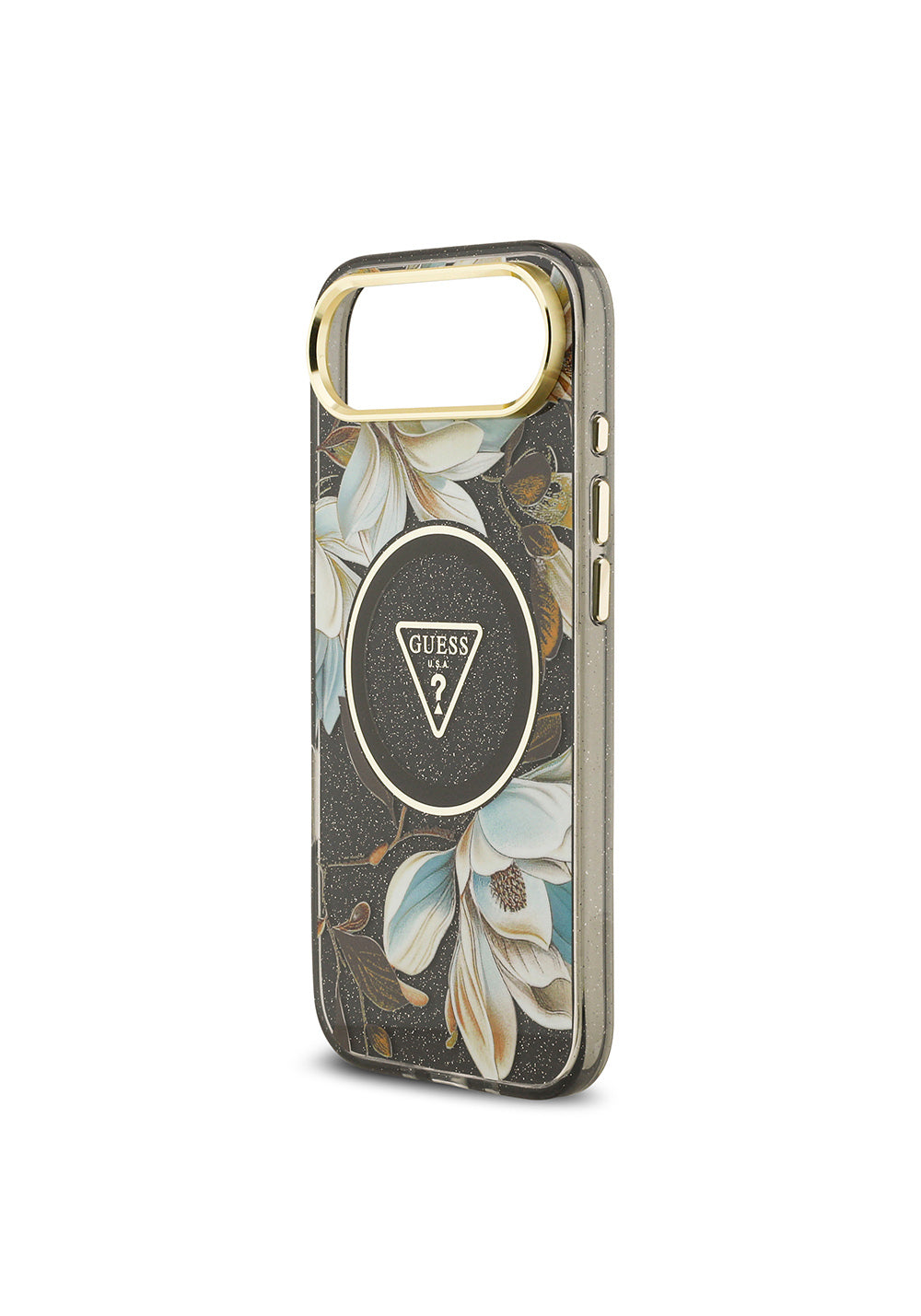 Apple iPhone 17 Air Kılıf Guess Orijinal Lisanslı Manyetik Şarj Uyumlu Simli Çiçek Desenli Metal Kamera Çerçeveli Üçgen Logolu Kapak
