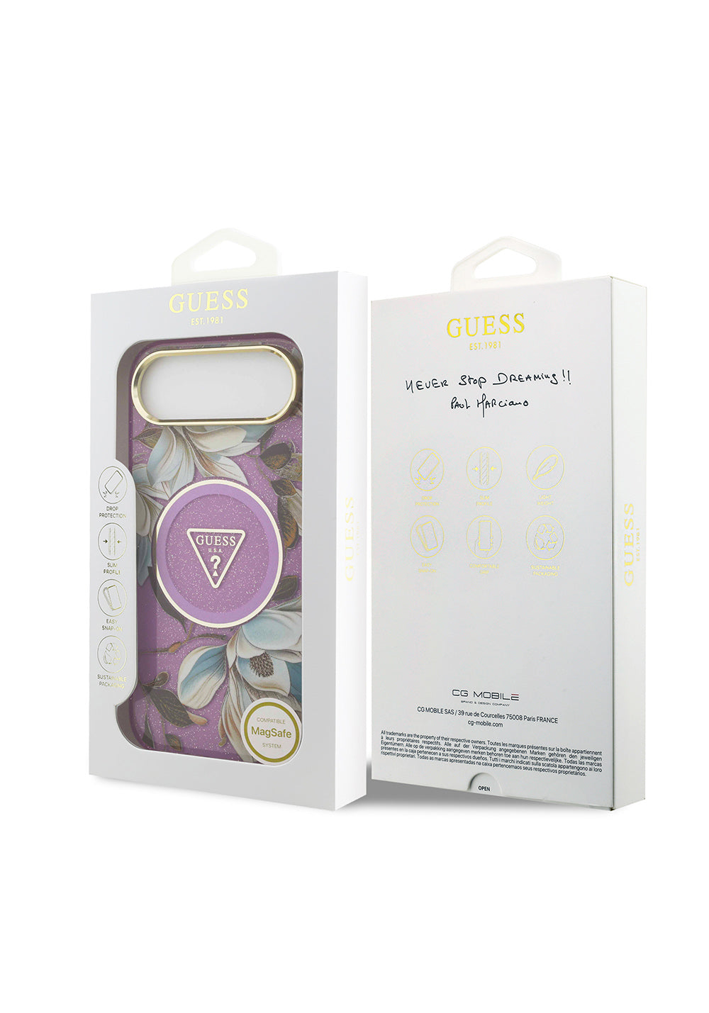 Apple iPhone 17 Air Kılıf Guess Orijinal Lisanslı Manyetik Şarj Uyumlu Simli Çiçek Desenli Metal Kamera Çerçeveli Üçgen Logolu Kapak