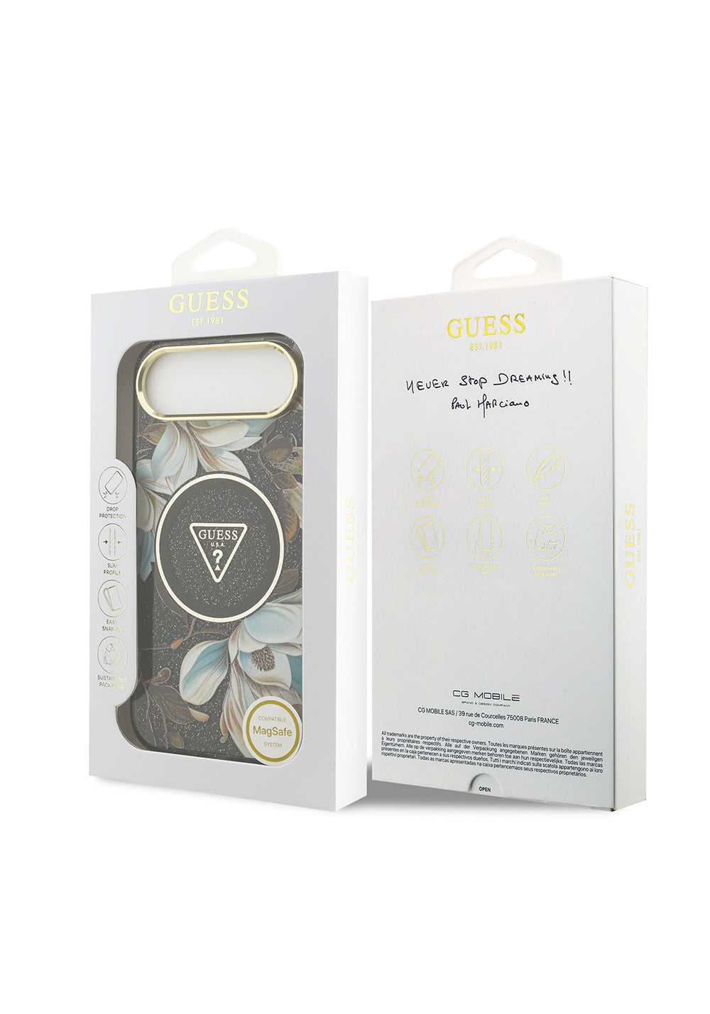 Apple iPhone 17 Air Kılıf Guess Orijinal Lisanslı Manyetik Şarj Uyumlu Simli Çiçek Desenli Metal Kamera Çerçeveli Üçgen Logolu Kapak