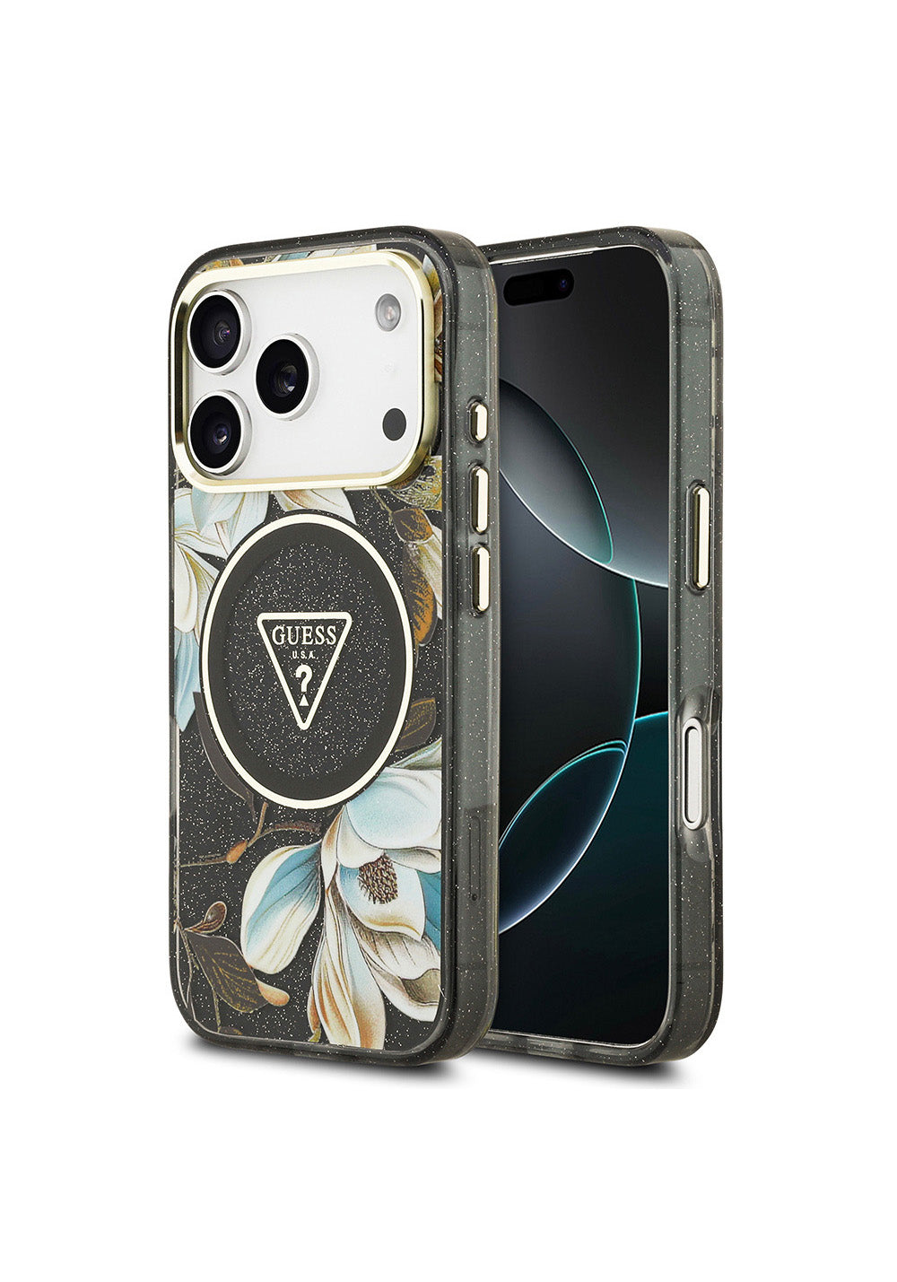 Apple iPhone 17 Pro Kılıf Guess Orijinal Lisanslı Manyetik Şarj Uyumlu Simli Çiçek Desenli Metal Kamera Çerçeveli Üçgen Logolu Kapak